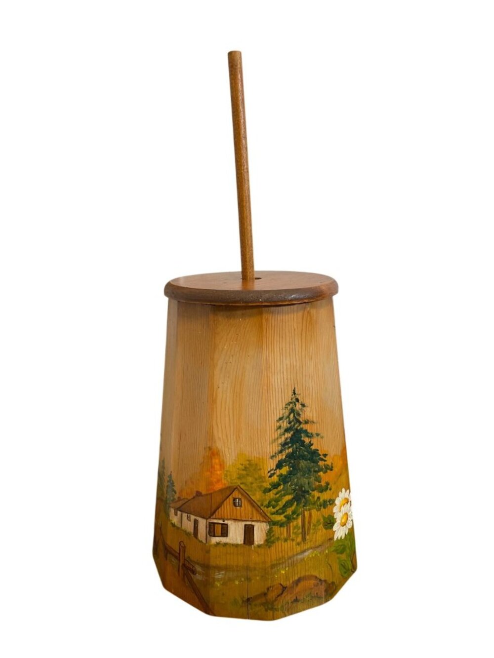 Vintage 1977 Hand Painted Wooden Butter Churn Signed Oregon Folk Art 19"